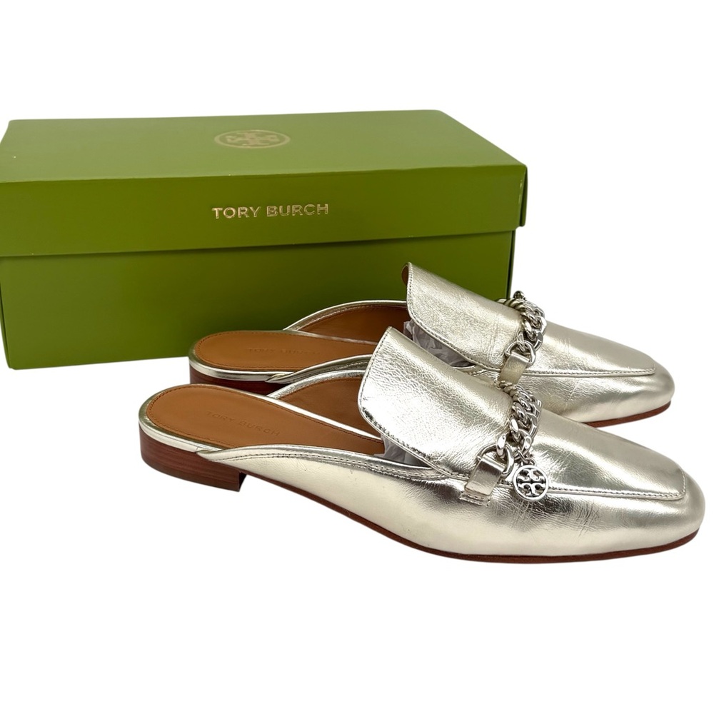 Tory Burch Leather Loafer Slide Mules With Chain Accent Spark Gold 9 NWT